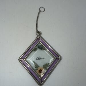 Layered Stained Glass Clear w/Dried Flowers - Purple Trim Olivia 3.75" Tall